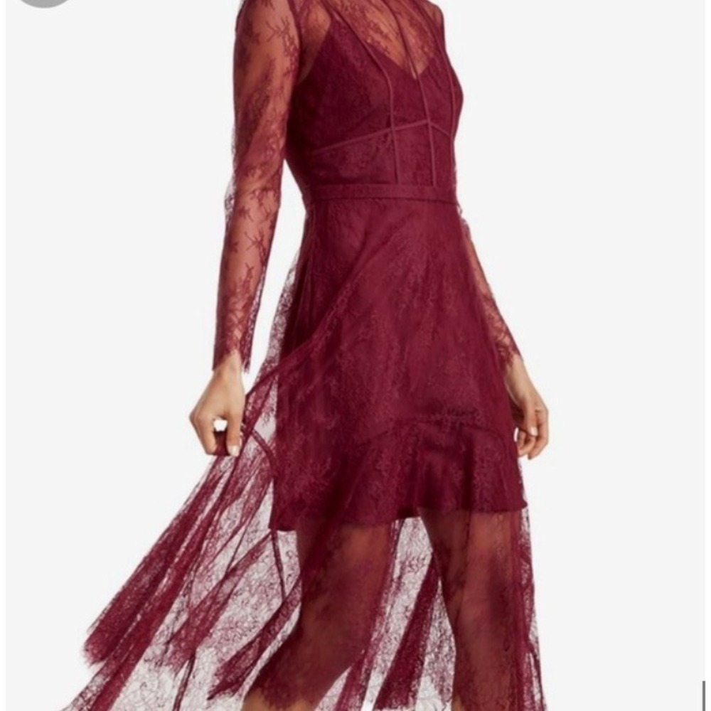 Ever New Burgundy Floral Lace High Neck Long Sleeve Midi Dress US 8 Wine Red